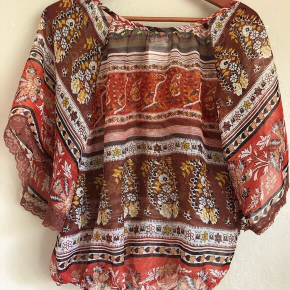 Band of Gypsies Orange Brown Semi Sheer Top Lace Boho Fall Peasant Small - Picture 6 of 6